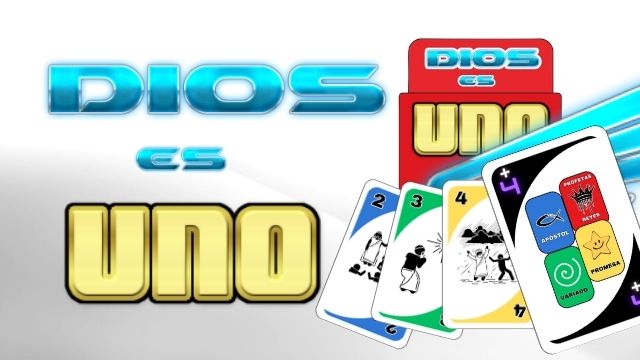 Logo con el texto 'Dios es Uno' y una variedad de cartas del juego, presentando ilustraciones educativas y temáticas.