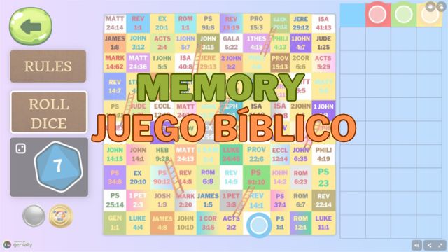 Juego de memoria bíblico con reglas, dados y un tablero colorido que muestra referencias bíblicas.